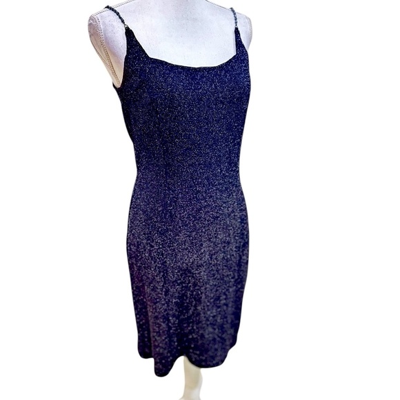 Vintage 90’s Jessica McClintock Navy metallic bodycon Mini Dress bead straps 10 - Picture 2 of 12